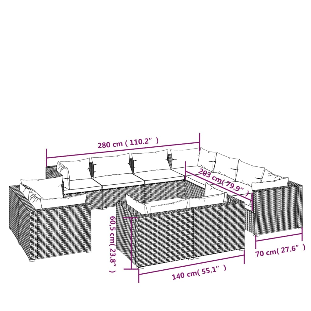 11 Piece Garden Lounge Set with Cushions Grey Poly Rattan