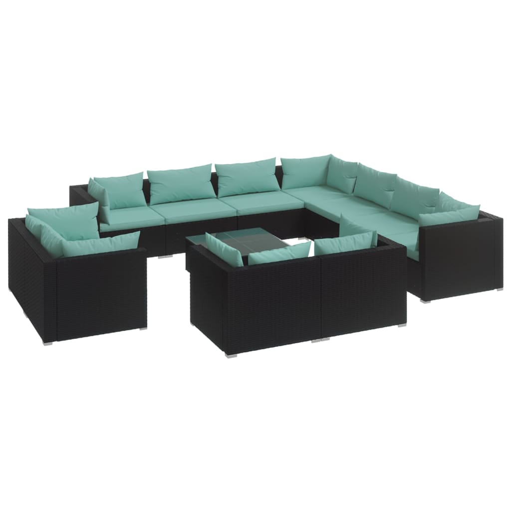 12 Piece Garden Lounge Set with Cushions Black Poly Rattan