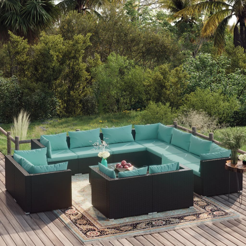 12 Piece Garden Lounge Set with Cushions Black Poly Rattan