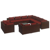 12 Piece Garden Lounge Set with Cushions Brown Poly Rattan - Front View