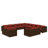13 Piece Garden Lounge Set with Cushions Brown Poly Rattan - Front View