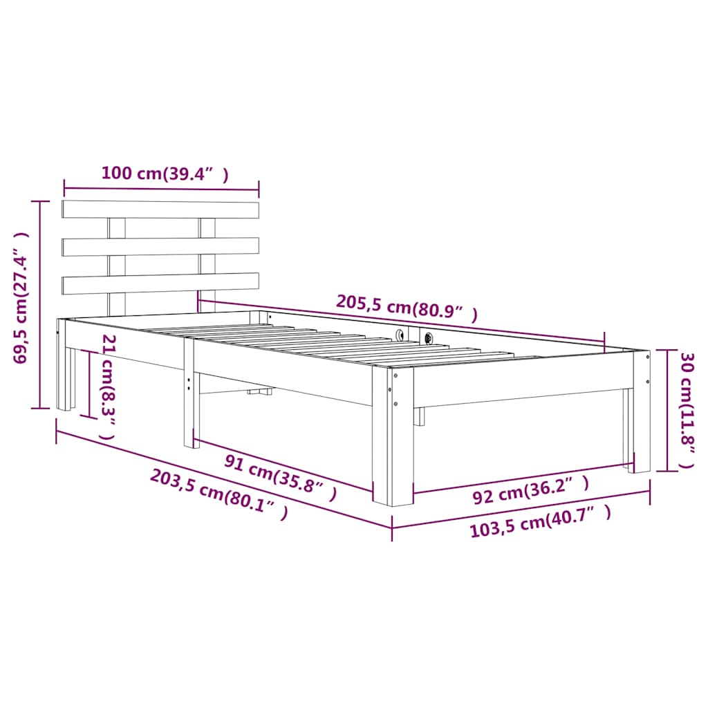 Bed Frame without Mattress Black Solid Wood 100x200 cm