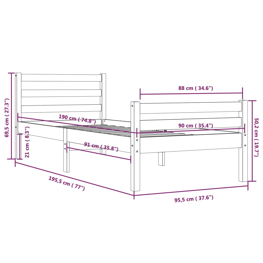 Bed Frame without Mattress Honey Brown Solid Wood 90x190 cm