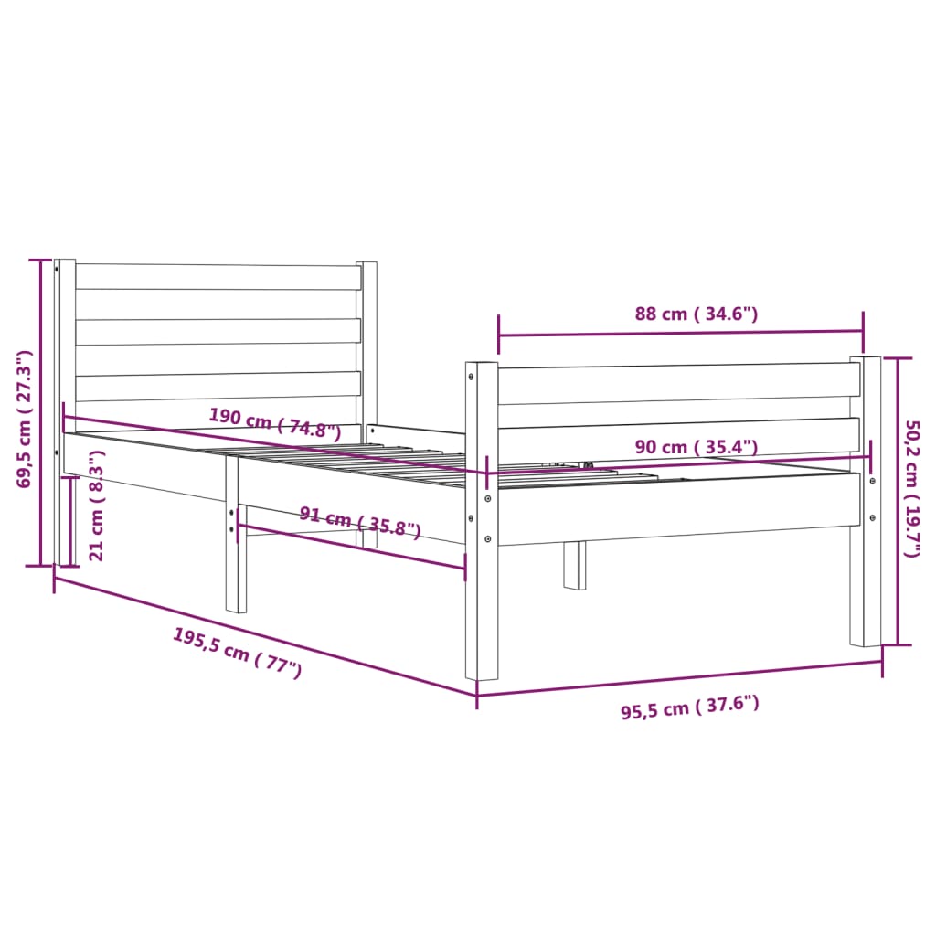 Bed Frame without Mattress Black Solid Wood 90x190 cm