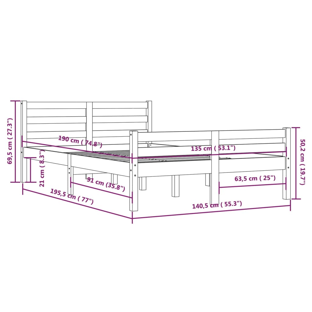Bed Frame without Mattress Solid Wood 135x190 cm