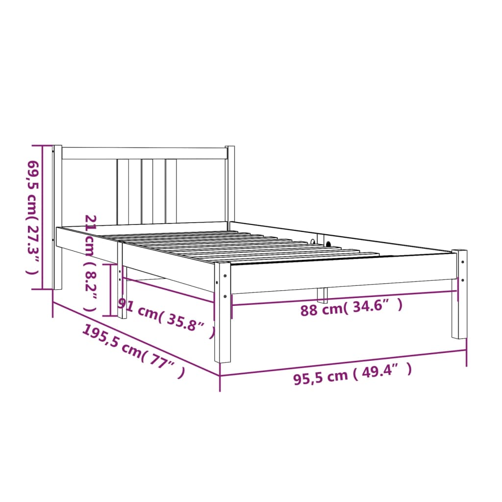 Bed Frame without Mattress Grey Solid Wood 90x190 cm