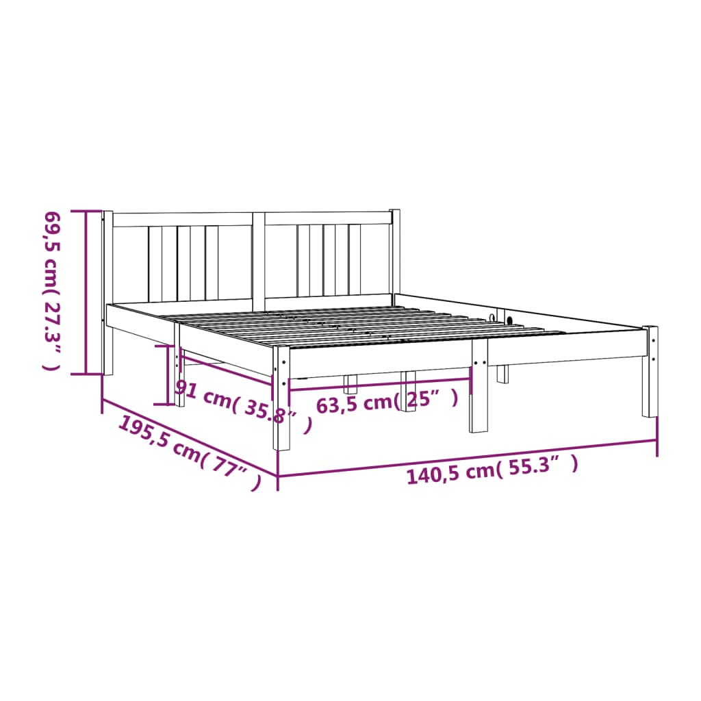 Bed Frame without Mattress Black Solid Wood 135x190 cm
