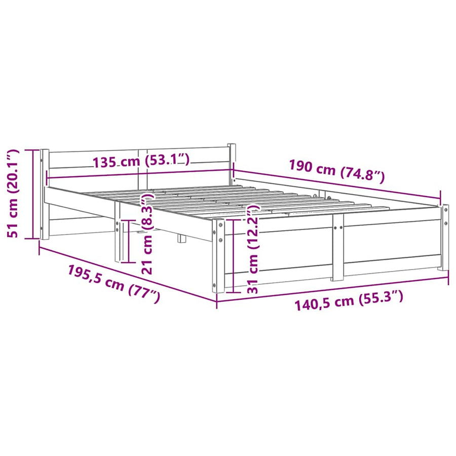Bed Frame without Mattress White Solid Wood 135x190 cm Double