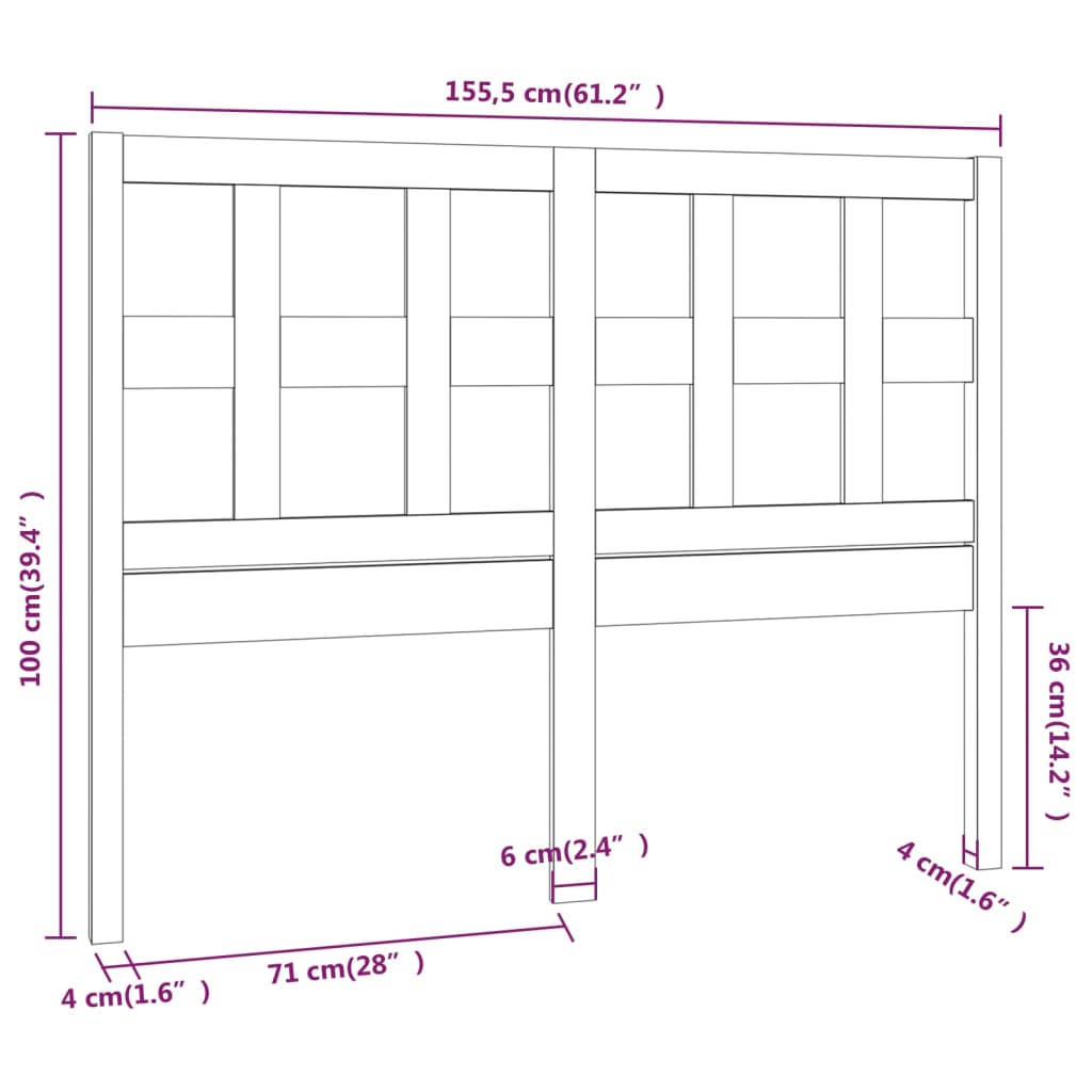 Bed Headboard Black 155.5x4x100 cm Solid Wood Pine