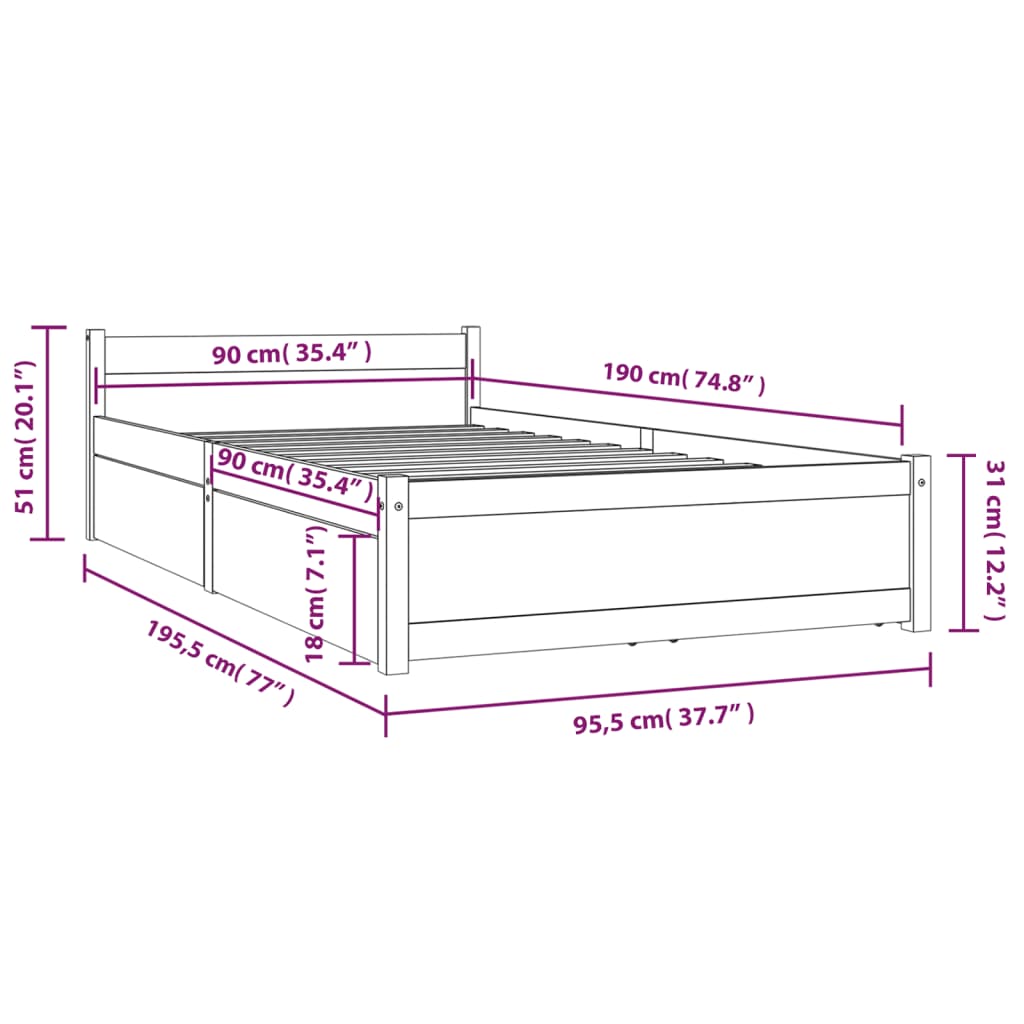 Bed Frame without Mattress with Drawers Black 90x190 cm
