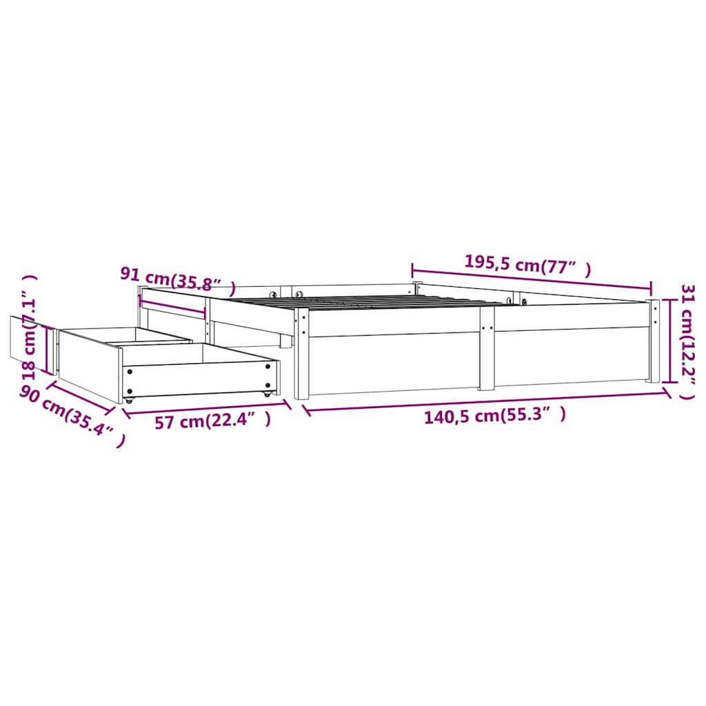 Bed Frame without Mattress with Drawers Grey 135x190 cm