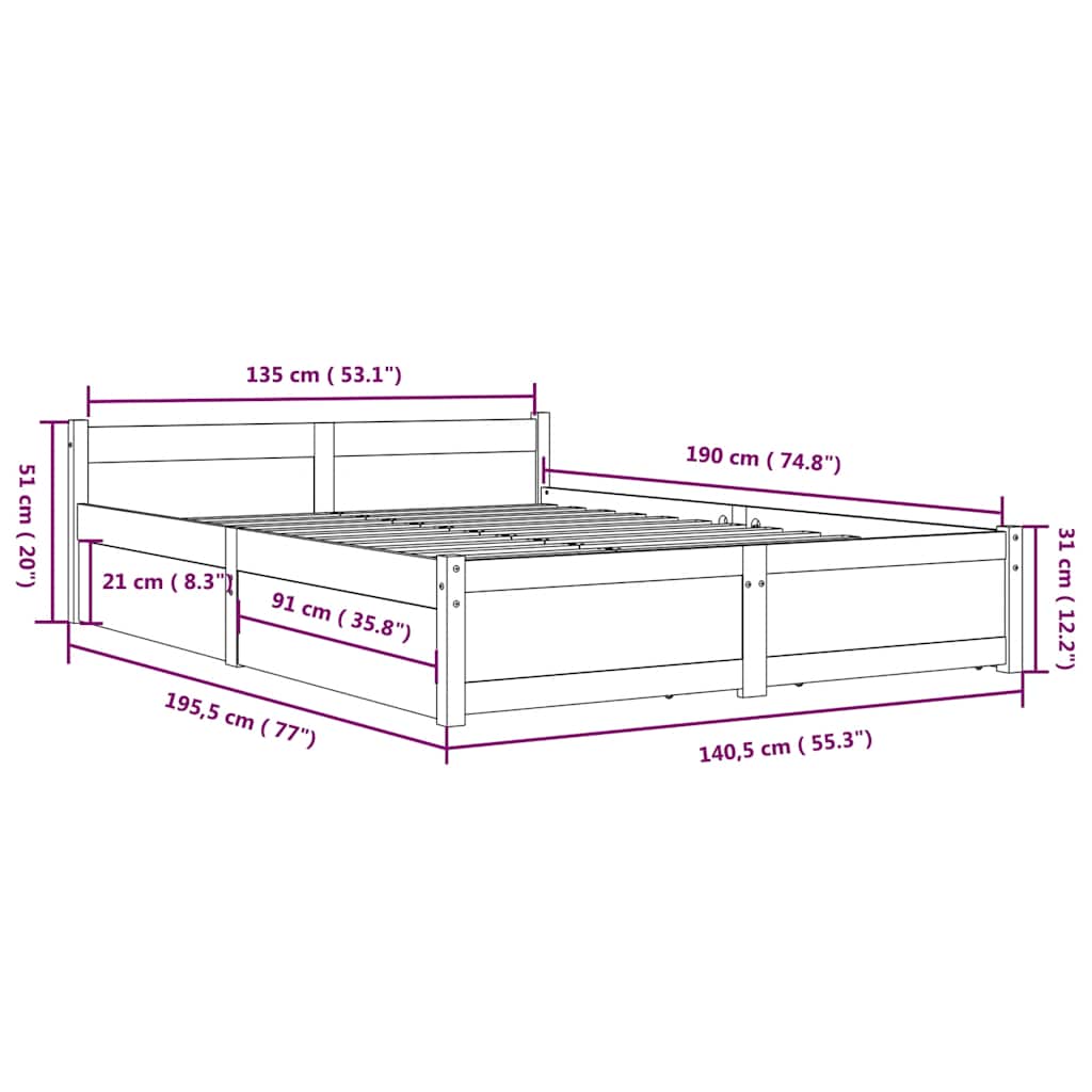 Bed Frame without Mattress with Drawers White 135x190 cm