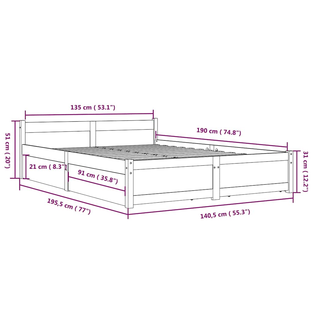Bed Frame without Mattress with Drawers Grey 135x190 cm