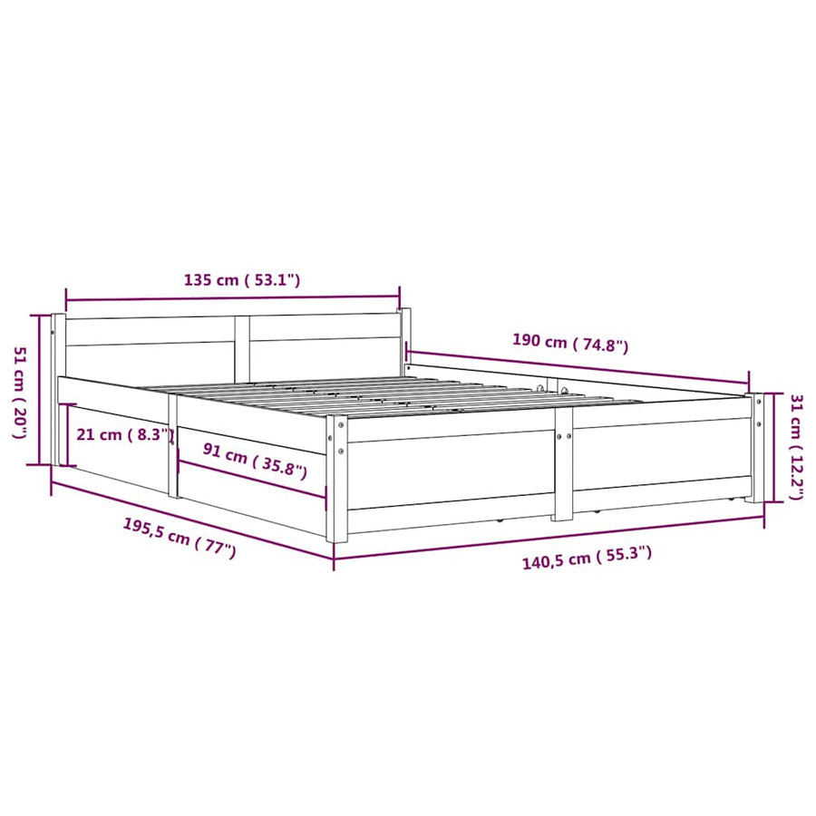 Bed Frame without Mattress with Drawers Honey Brown 135x190 cm