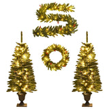 Artificial Christmas Trees 2 pcs with Wreath, Garland and LEDs - Front View