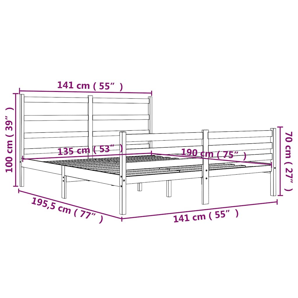 Bed Frame without Mattress Black Solid Wood 135x190 cm
