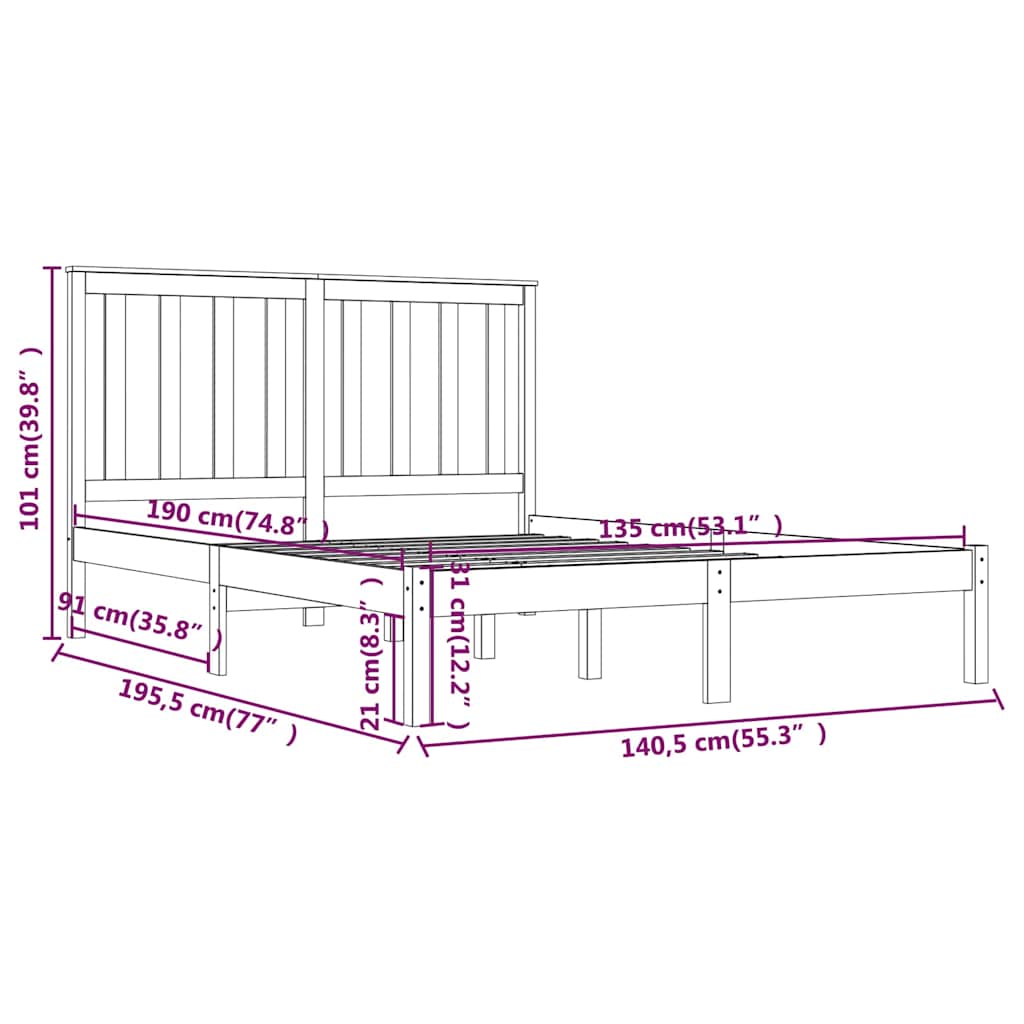 Bed Frame without Mattress White Solid Wood 135x190 cm