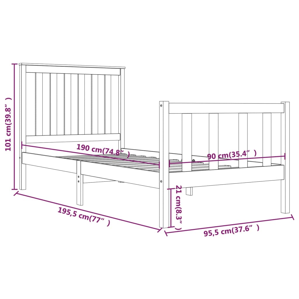Bed Frame without Mattress Black Solid Wood 90x190 cm