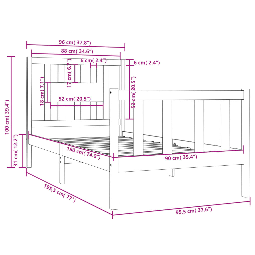 Bed Frame without Mattress Black 90x190 cm Solid Wood