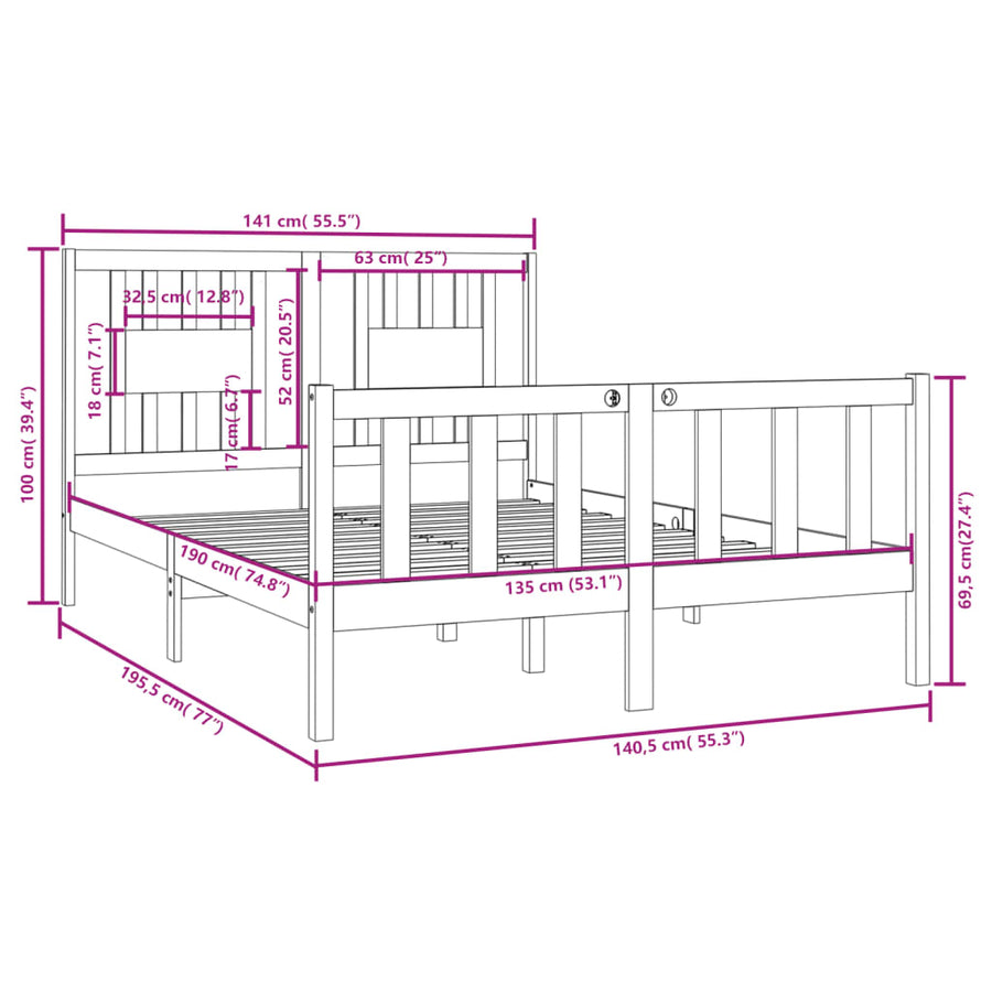 Bed Frame without Mattress Black 135x190 cm Solid Wood