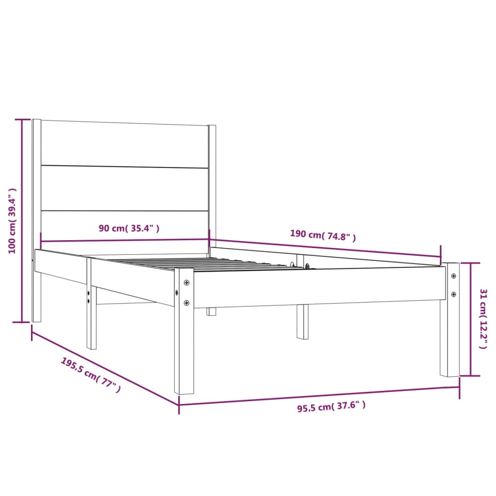 Bed Frame without Mattress Black 90x190 cm Solid Wood