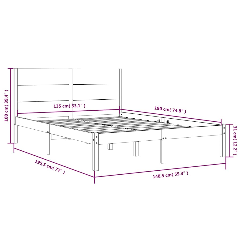 Bed Frame without Mattress Black 135x190 cm Solid Wood