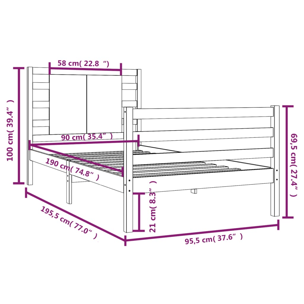 Bed Frame without Mattress Black 90x190 cm Solid Wood Pine
