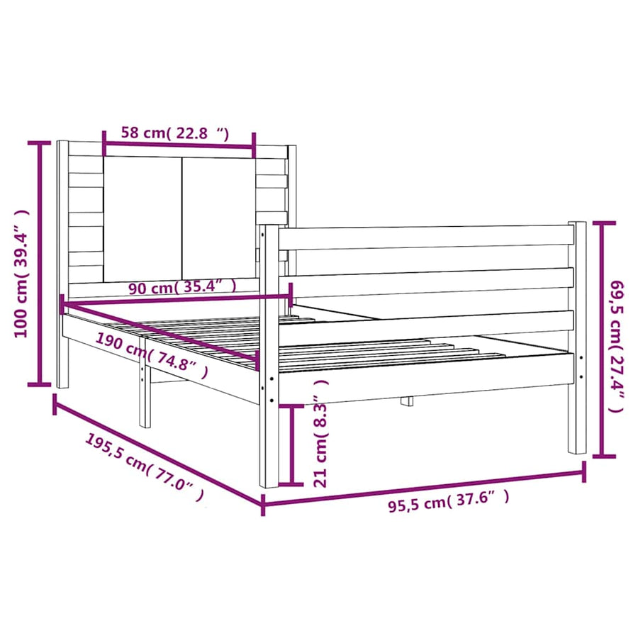 Bed Frame without Mattress Black 90x190 cm Solid Wood Pine