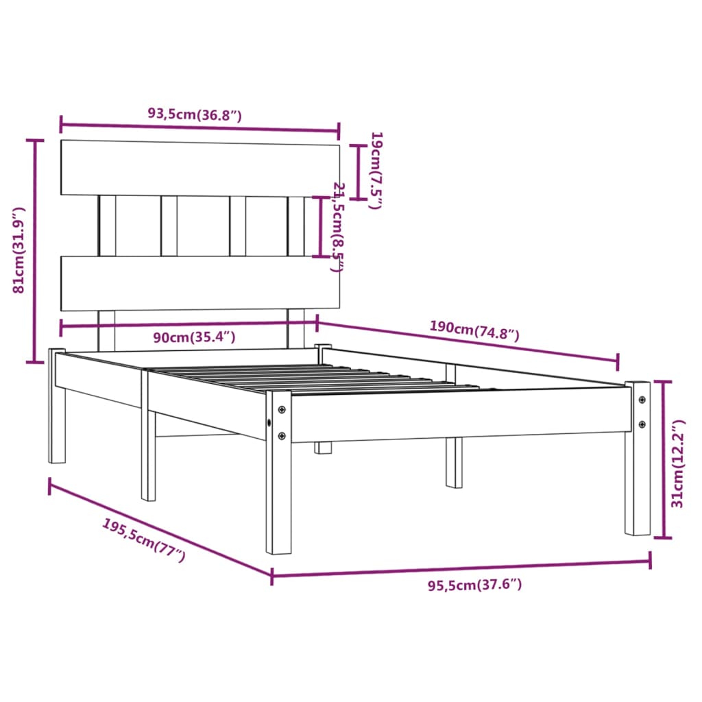 Bed Frame without Mattress Black 90x190 cm Solid Wood