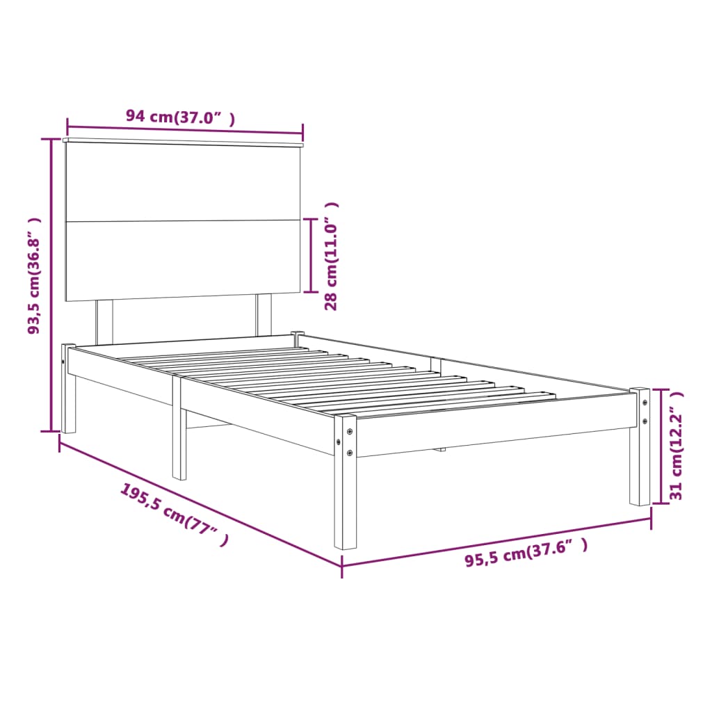Bed Frame without Mattress Black 90x190 cm Solid Wood