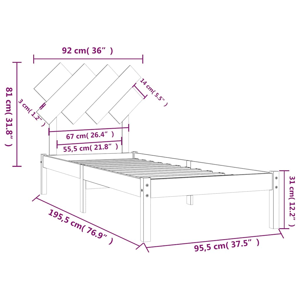 Bed Frame without Mattress Black 90x190 cm Solid Wood