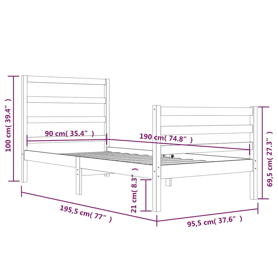 Bed Frame without Mattress Black Solid Wood Pine 90x190 cm