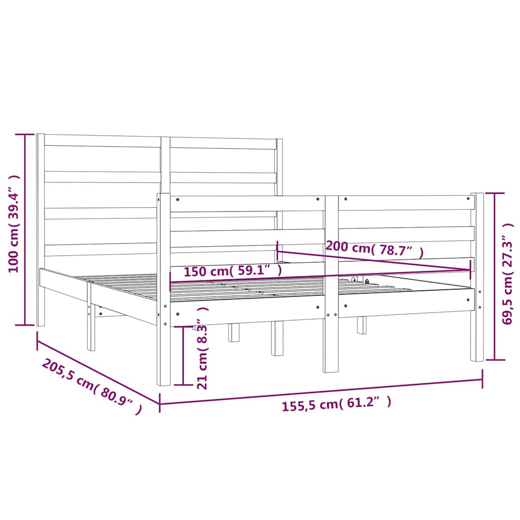 Bed Frame without Mattress Black Solid Wood Pine 150x200 cm