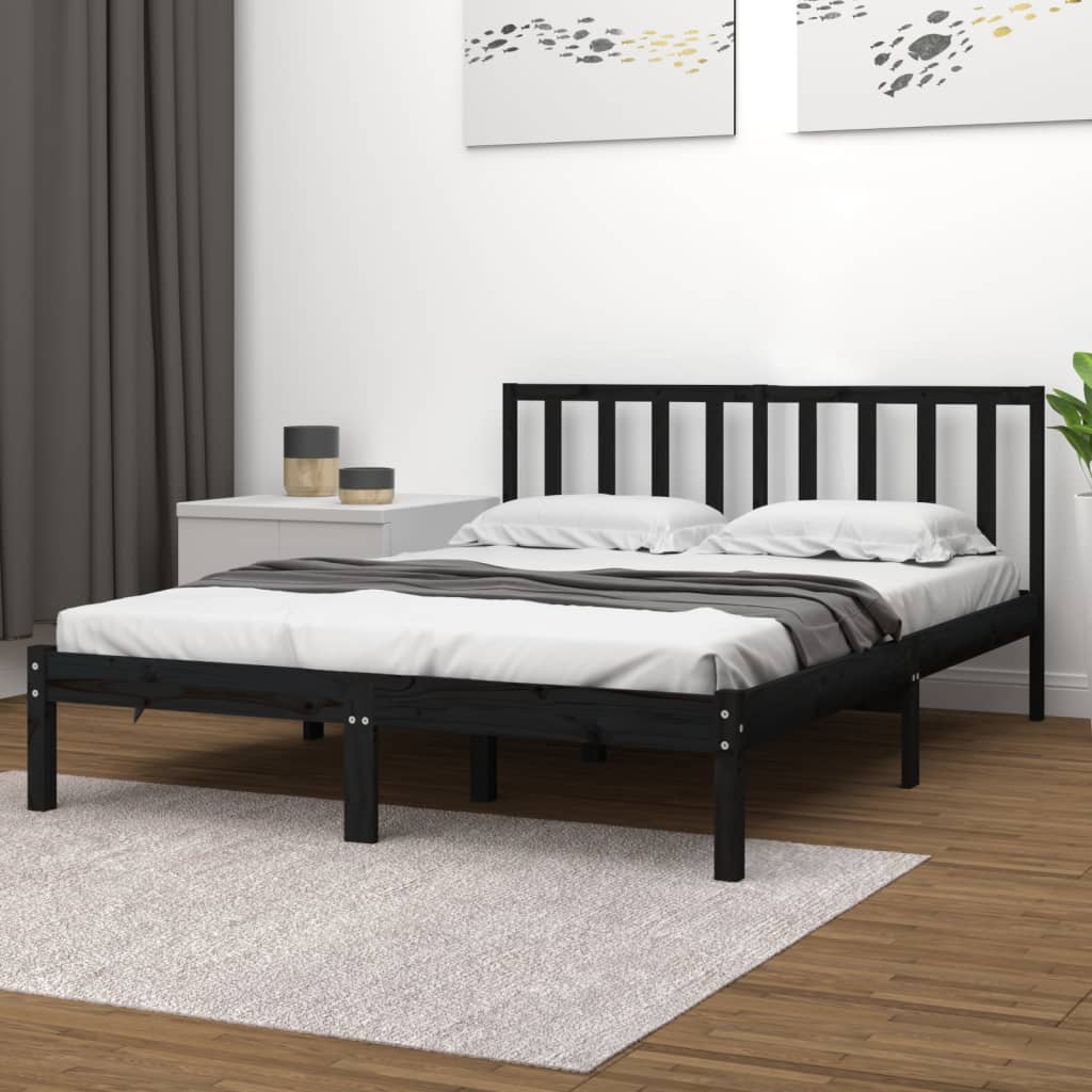 Bed Frame without Mattress Black Solid Wood Pine 183x203 cm King