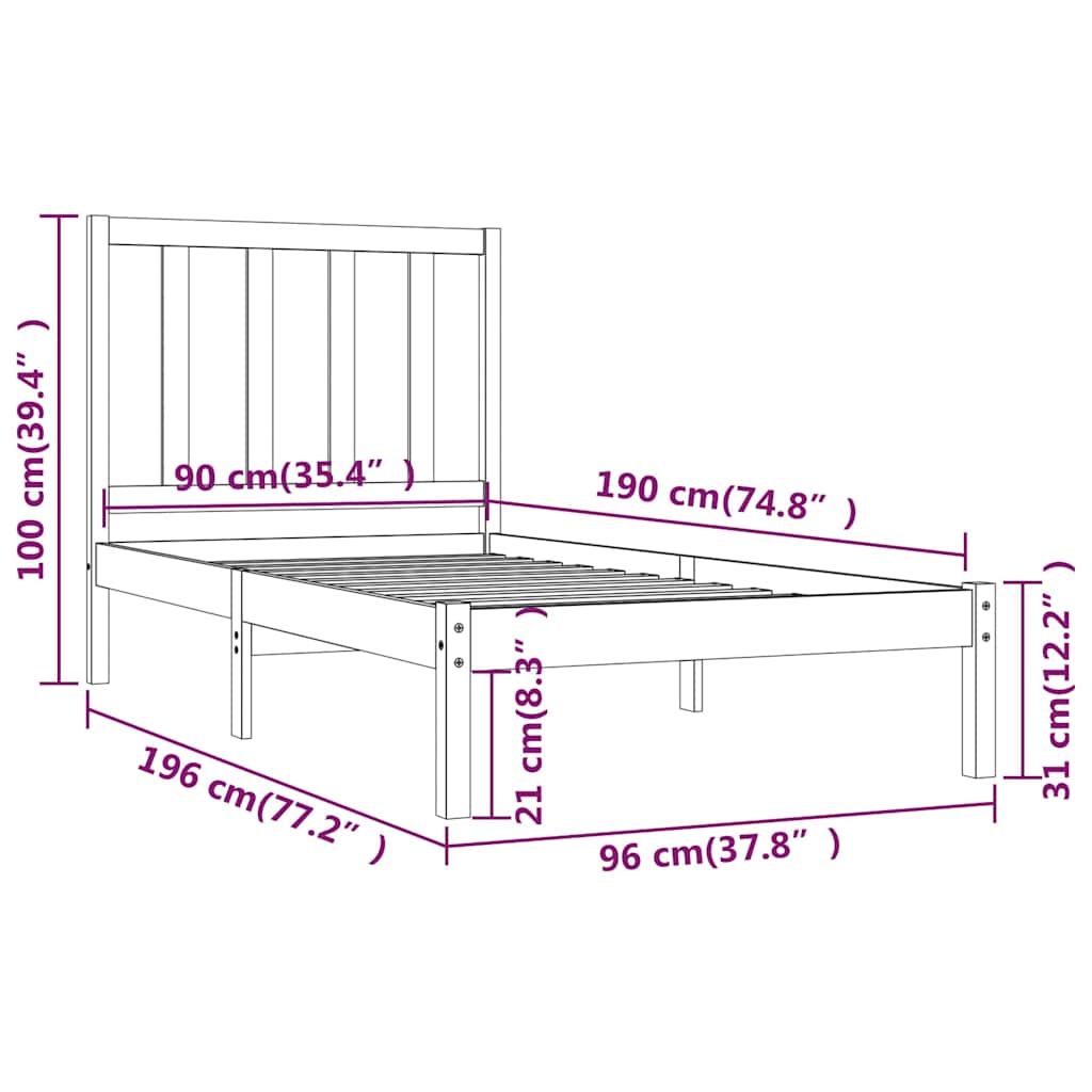Bed Frame without Mattress Black Solid Wood Pine 90x190 cm