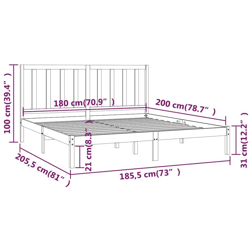 Bed Frame without Mattress Black Solid Wood Pine 183x203 cm King