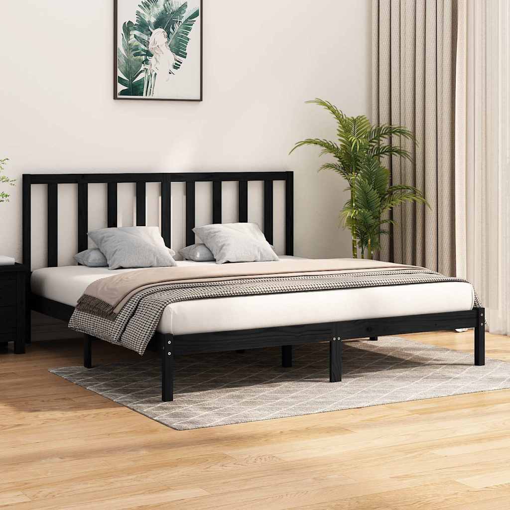Bed Frame without Mattress Black Solid Wood Pine 183x203 cm King