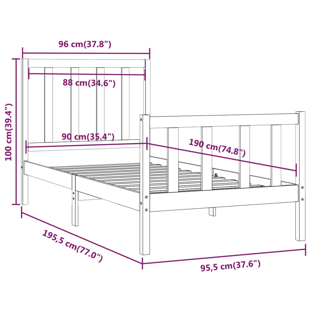 Bed Frame without Mattress Black 90x190 cm Solid Wood