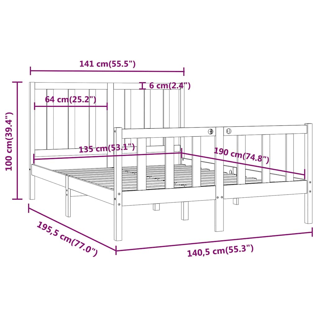 Bed Frame without Mattress Black 135x190 cm Solid Wood