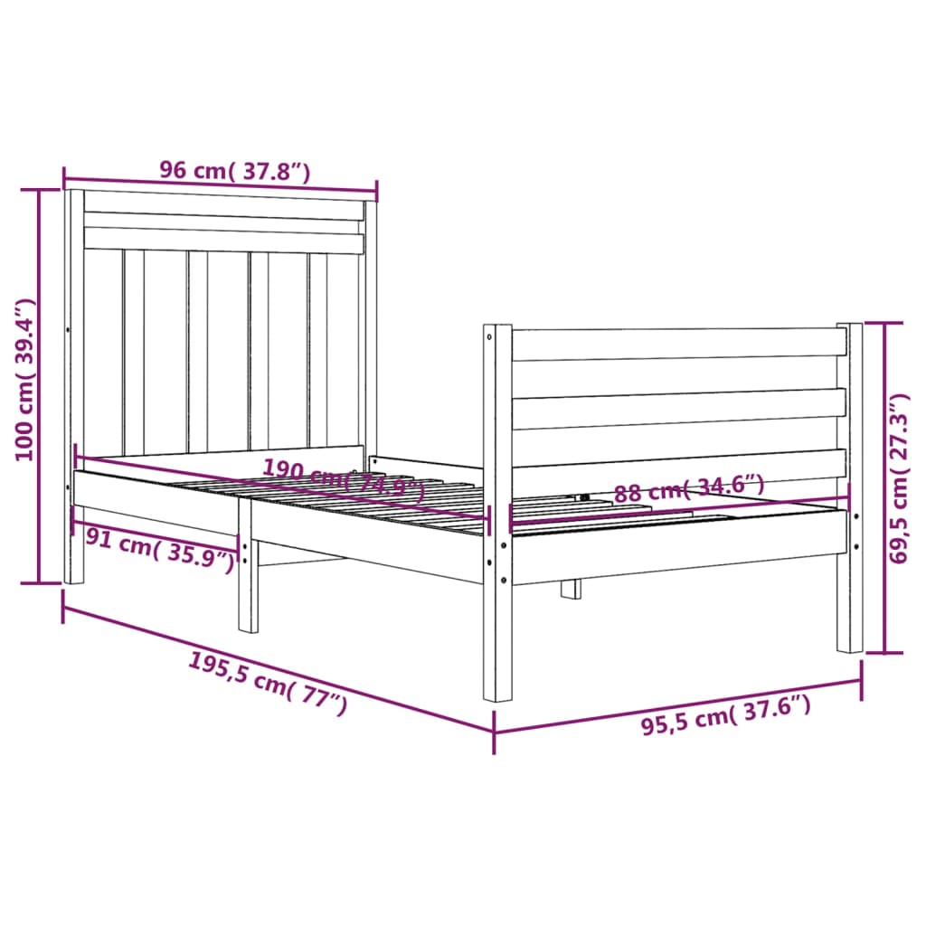 Bed Frame without Mattress Black 90x190 cm Solid Wood