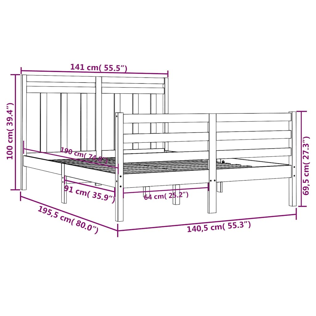 Bed Frame without Mattress Black 135x190 cm Solid Wood