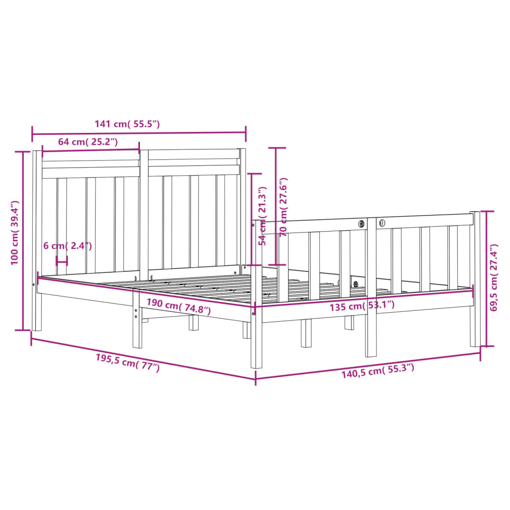 Bed Frame without Mattress Black 135x190 cm Solid Wood