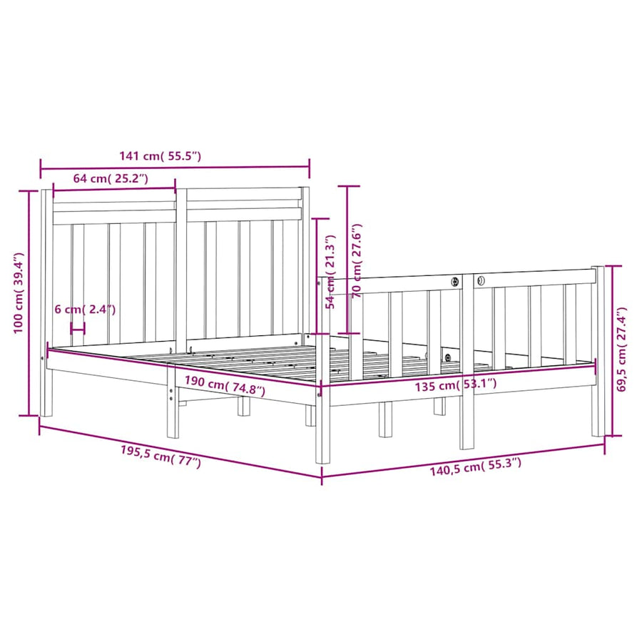 Bed Frame without Mattress Black 135x190 cm Solid Wood
