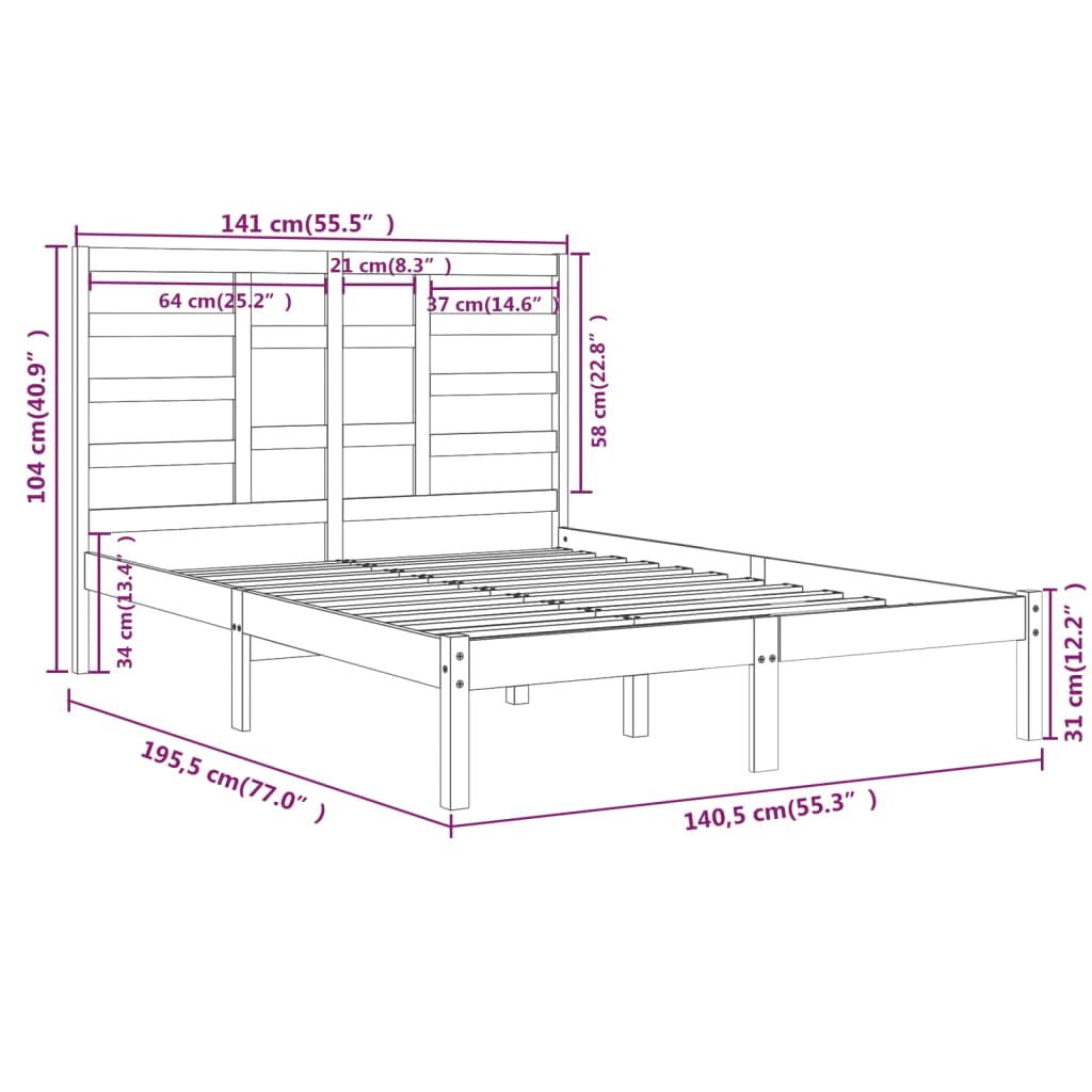 Bed Frame without Mattress Black Solid Wood 135x190 cm