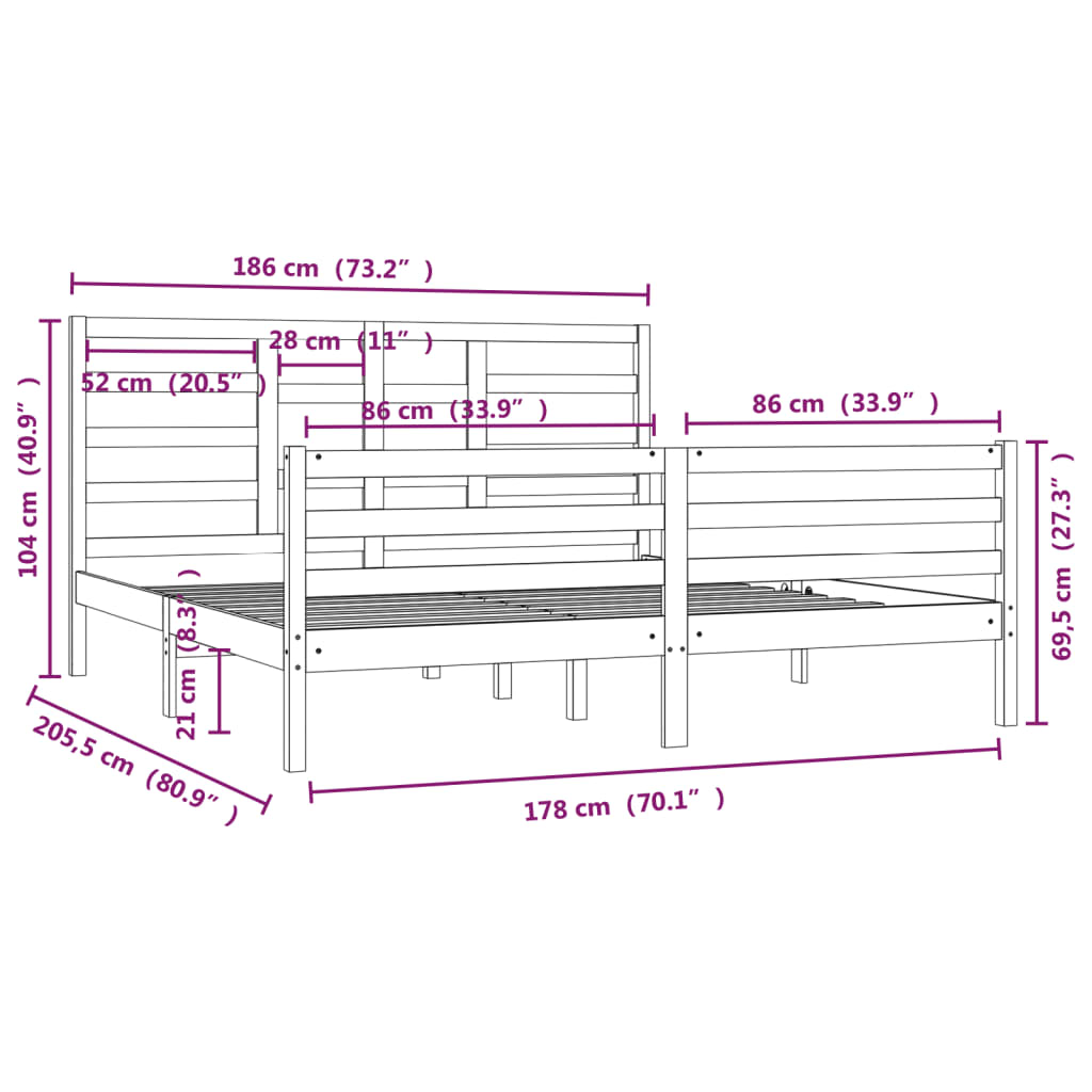 Bed Frame without Mattress Black Solid Wood 183x203 cm King