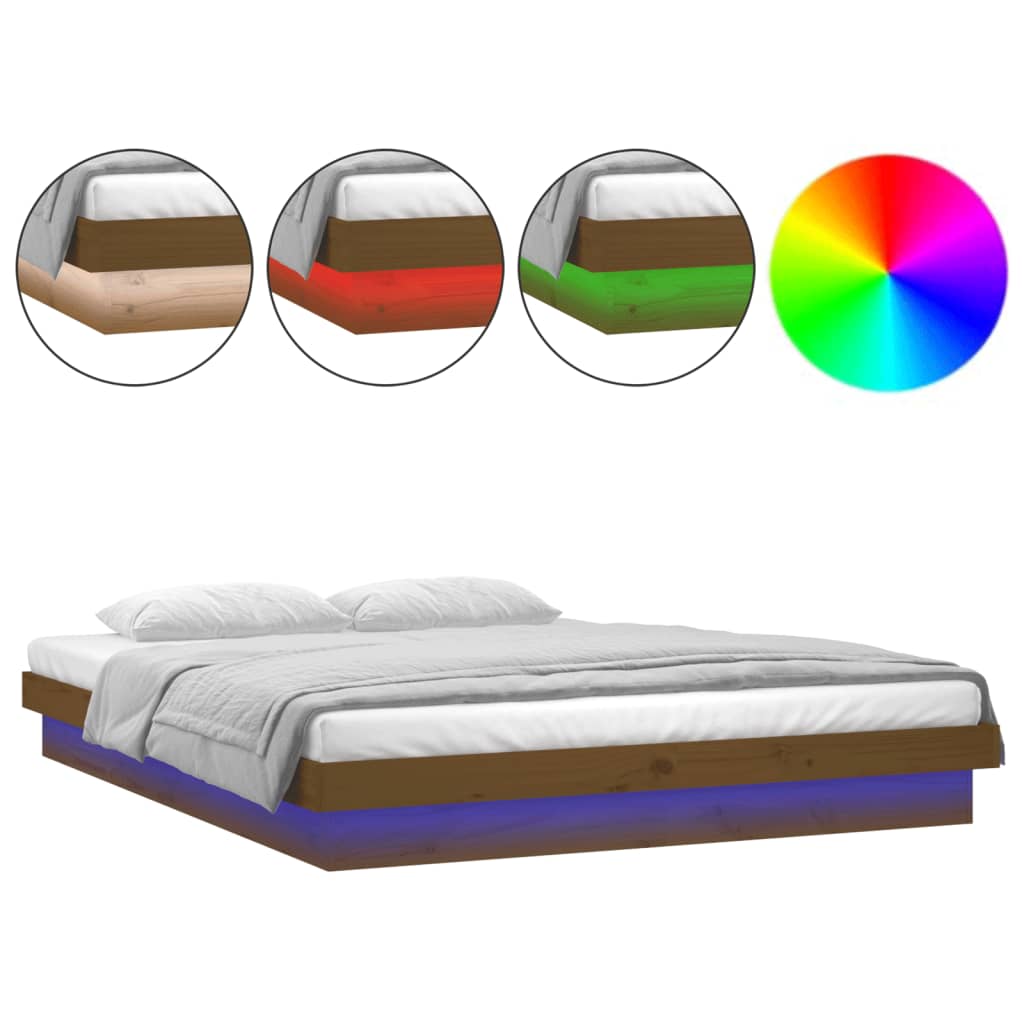 LED Bed Frame without Mattress Honey Brown 135x190 cm Solid Wood