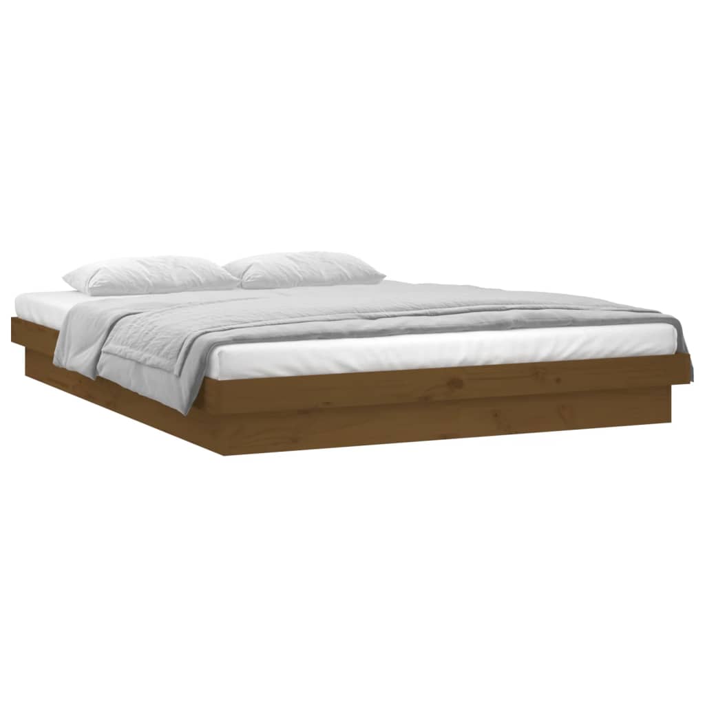 LED Bed Frame without Mattress Honey Brown 135x190 cm Solid Wood
