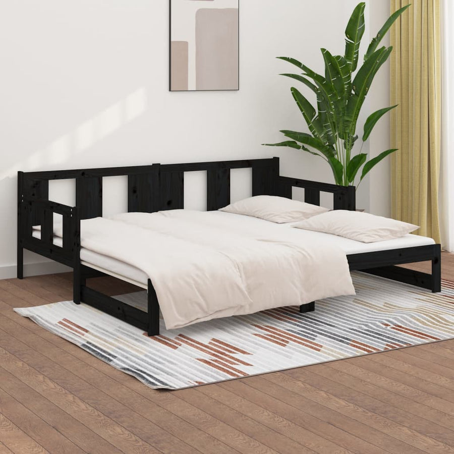 Pull-out Day Bed without Mattress Black Solid Wood Pine 90x190 cm