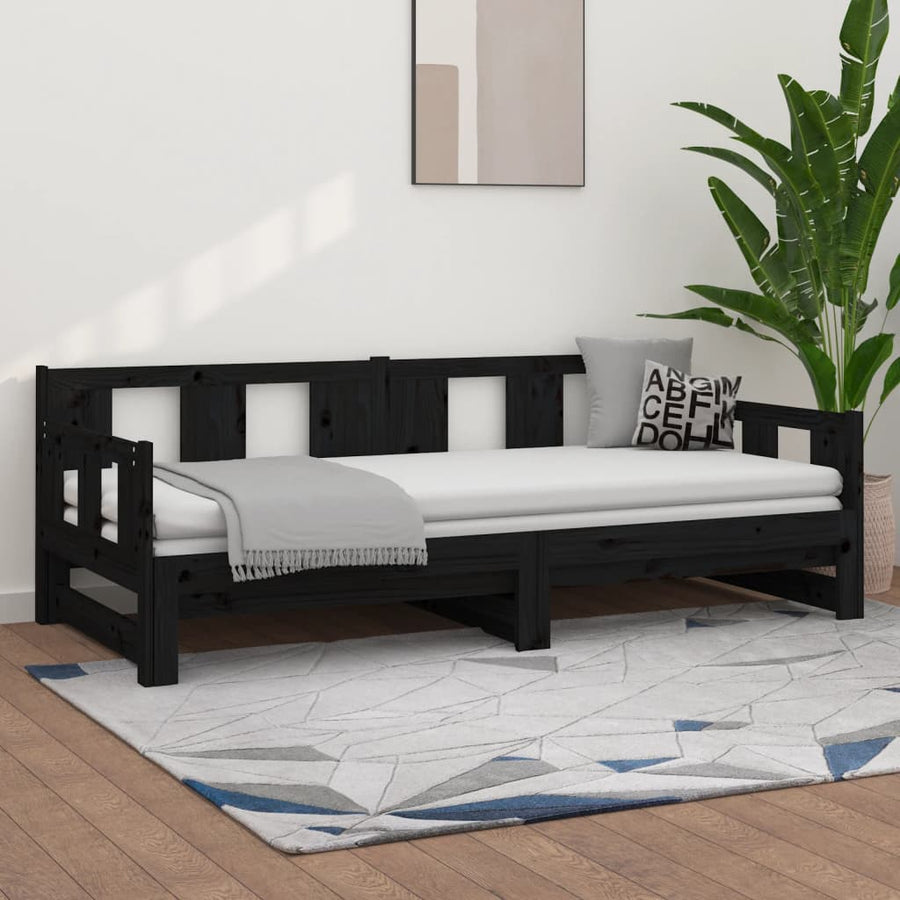 Pull-out Day Bed without Mattress Black Solid Wood Pine 90x190 cm