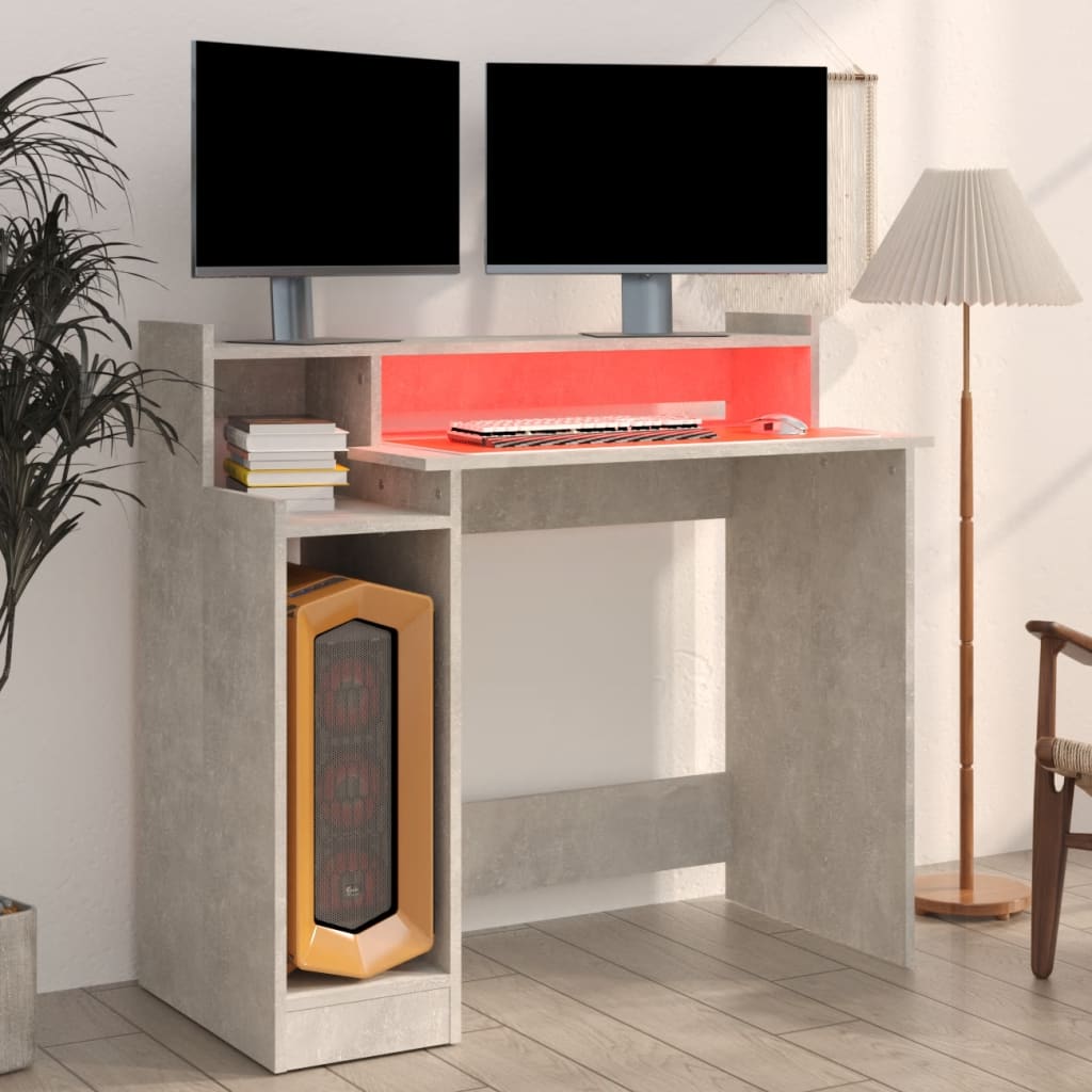 Desk with LED Lights Concrete Grey 97x45x90 cm Engineered Wood